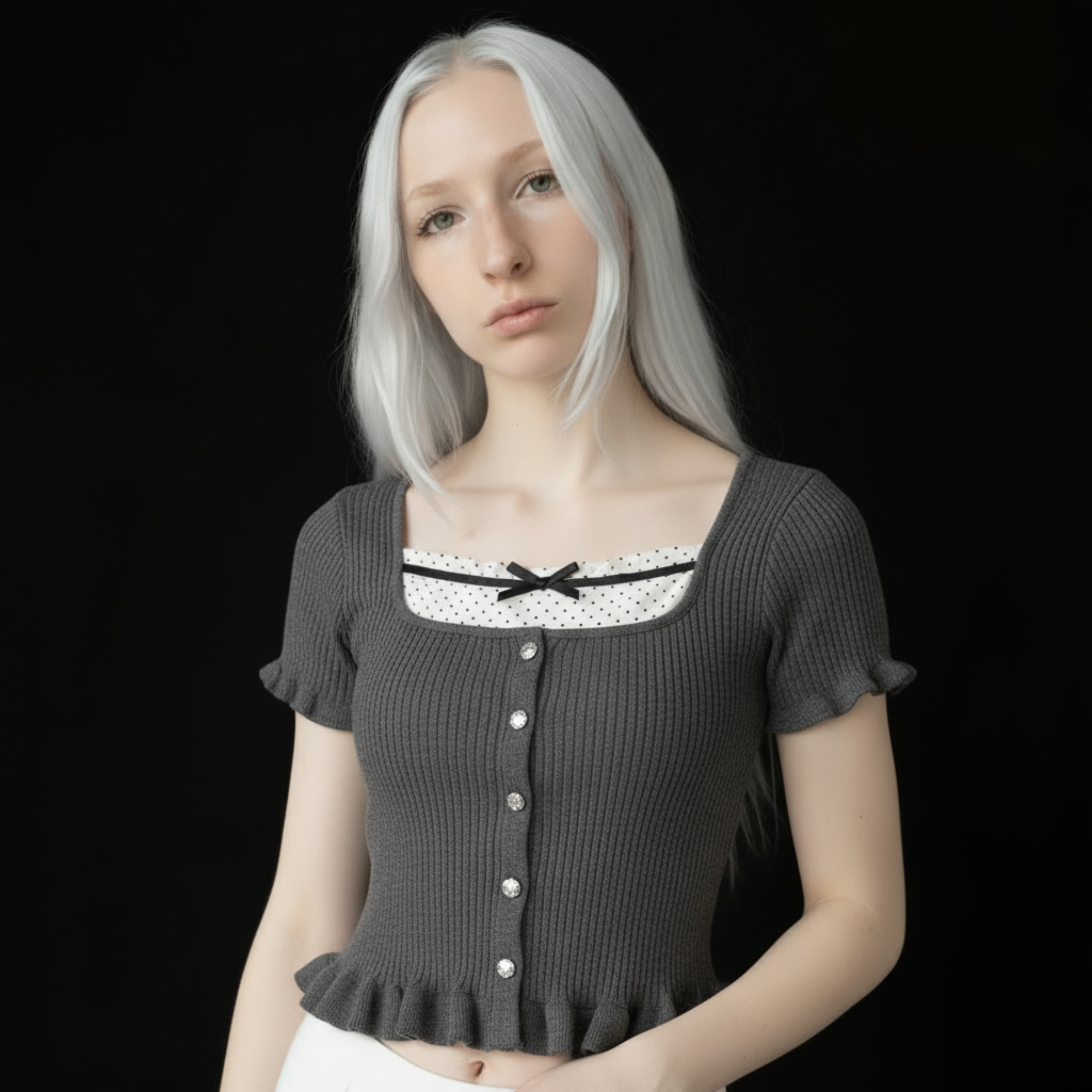 Dark Coquette Knit Button-Up Top – Ruffle Hem Lace Accent Blouse