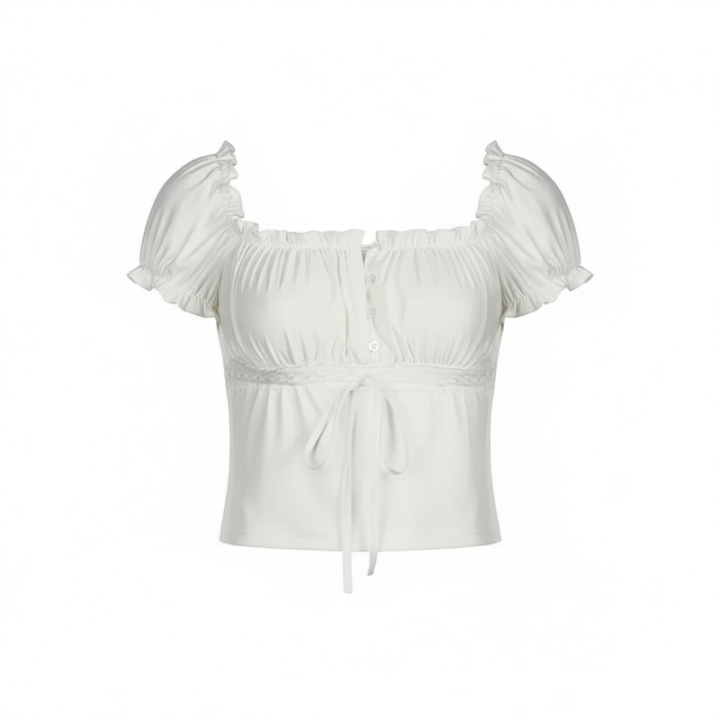 White Coquette Puff Sleeve Crop Top – Sweet Ruffled Lace Blouse