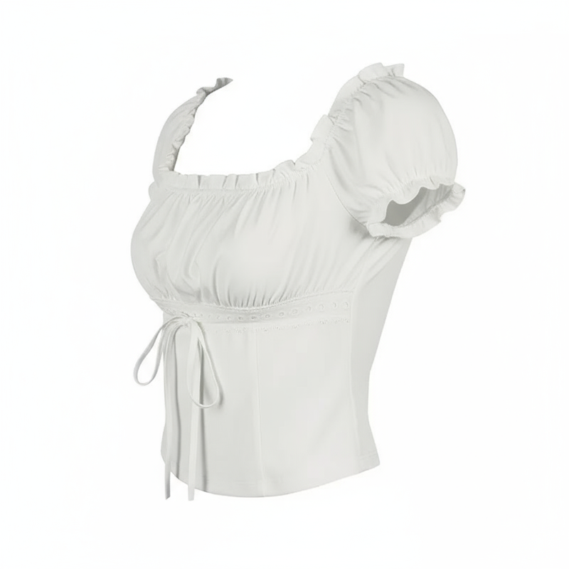White Coquette Puff Sleeve Crop Top – Sweet Ruffled Lace Blouse