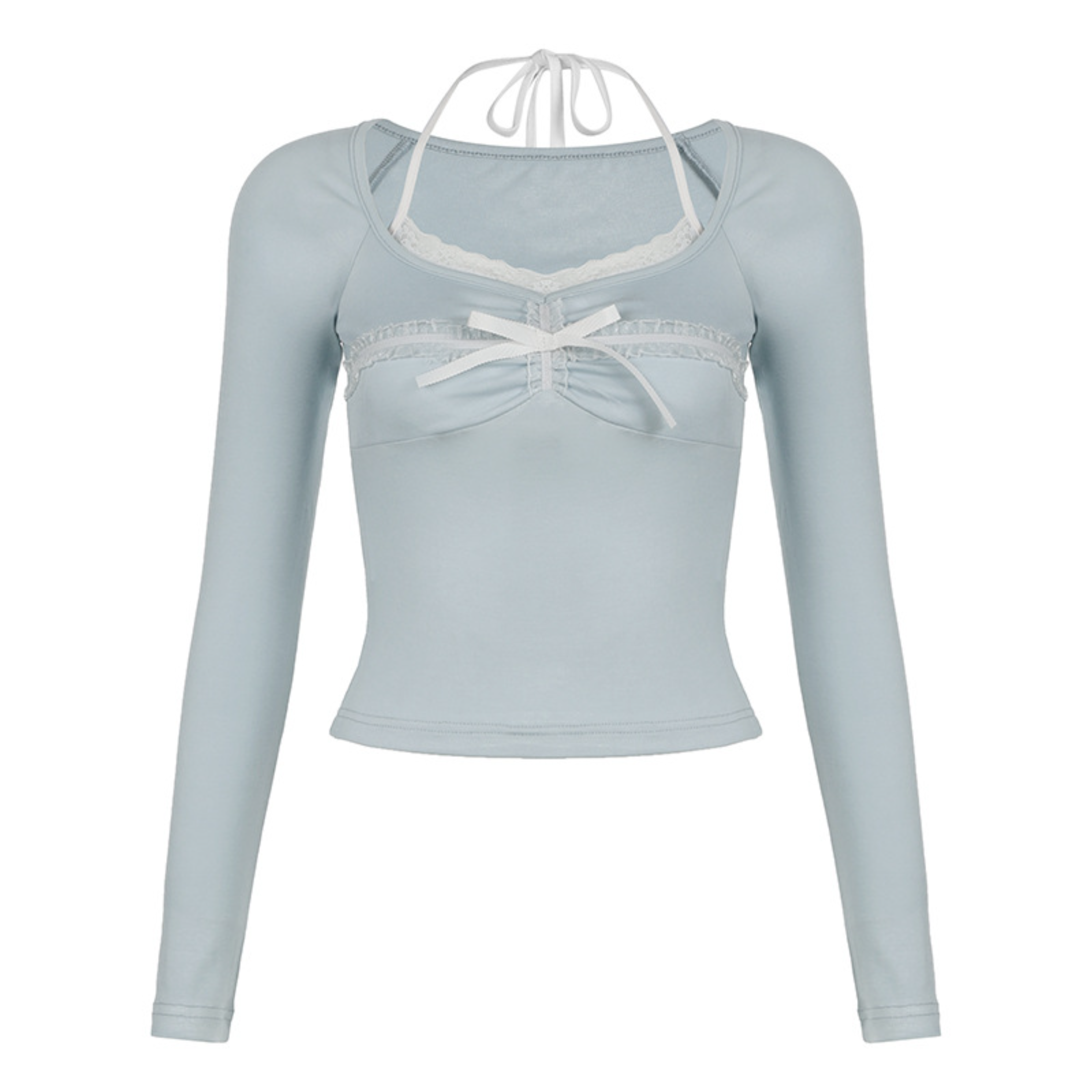 Light blue long-sleeve top with lace details on a white background